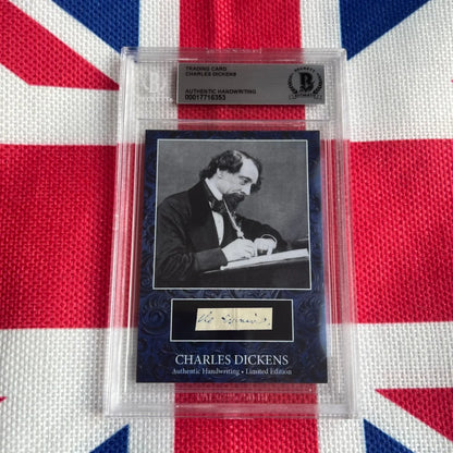 Authentic Charles Dickens handwriting card in acrylic case on black background