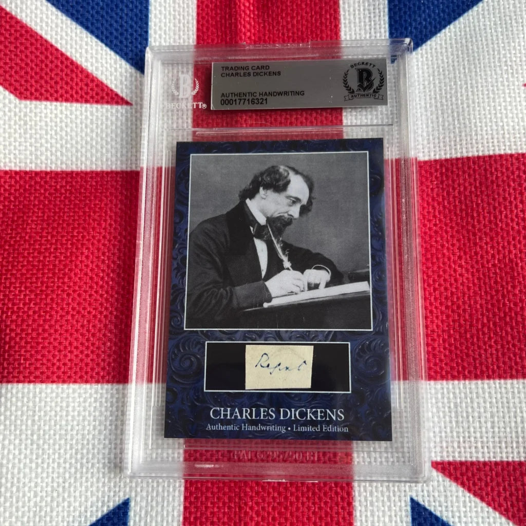 Authentic Charles Dickens handwriting card in acrylic case