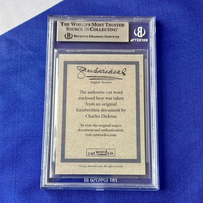 Encased authentic Charles Dickens handwriting card showcasing Dickens wrote himself