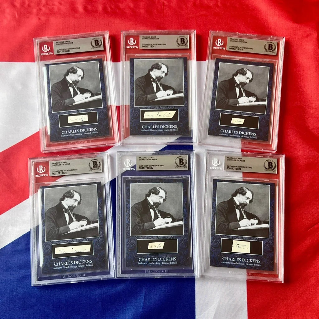 Six graded Charles Dickens trading cards with his autograph from Dickens handwriting