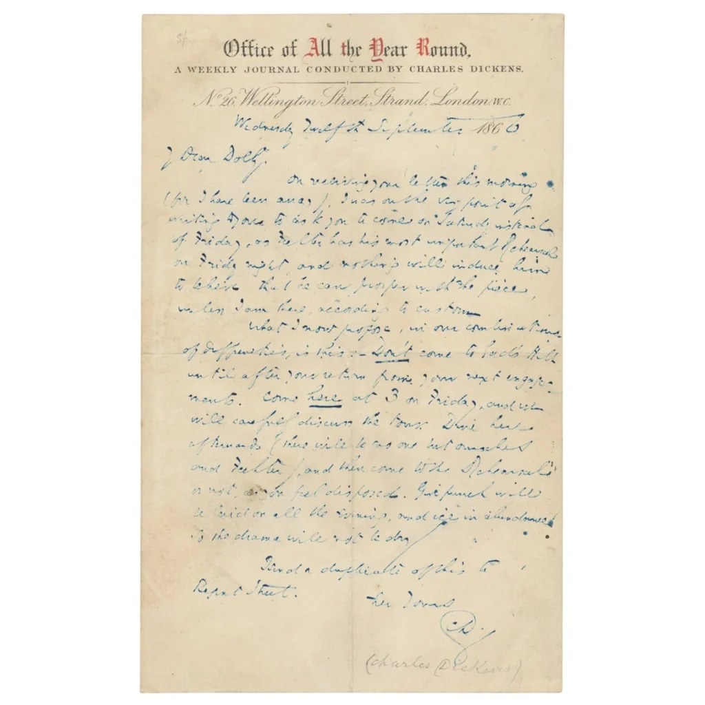 Authentic Charles Dickens handwriting card on aged paper showing his own writing style