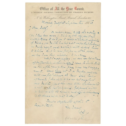 Authentic Charles Dickens handwriting card on aged paper showing his own writing style