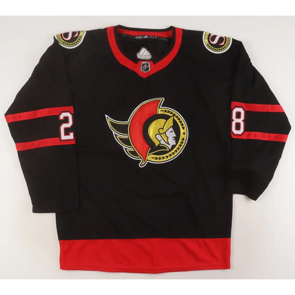 Black hockey jersey with red accents and Roman soldier logo, signed by Claude Giroux