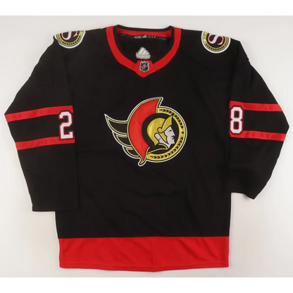 Black hockey jersey with red accents and Roman soldier logo, signed by Claude Giroux