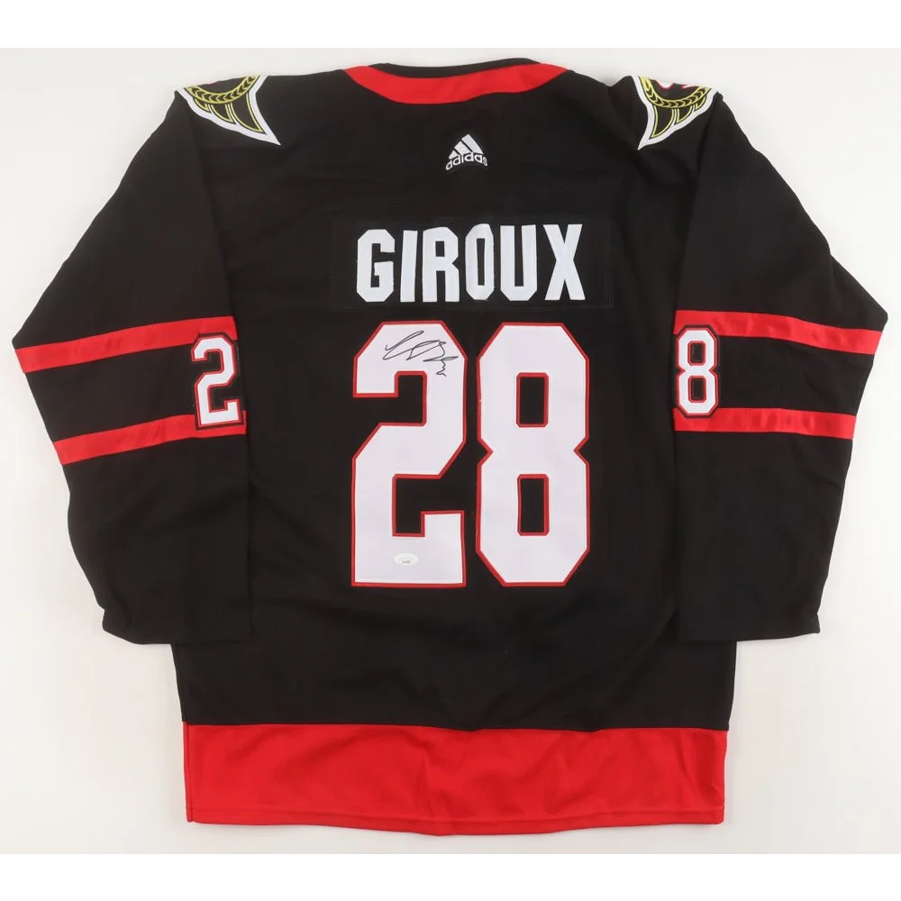 Authentic Claude Giroux signed black hockey jersey with number 28 and GIROUX on back