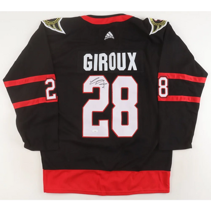 Authentic Claude Giroux signed black hockey jersey with number 28 and GIROUX on back