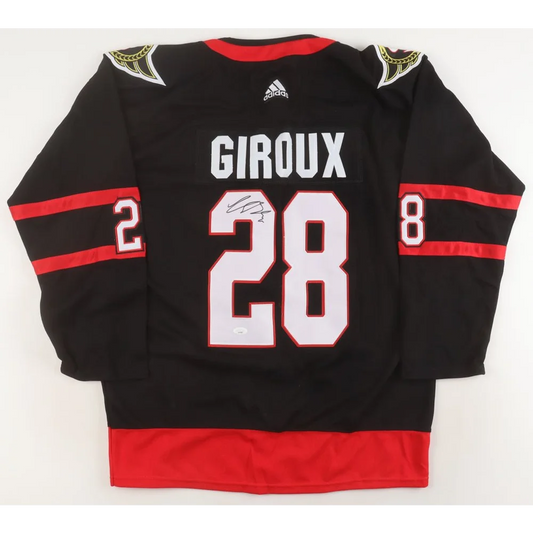 Authentic Claude Giroux signed black hockey jersey with number 28 and GIROUX on back