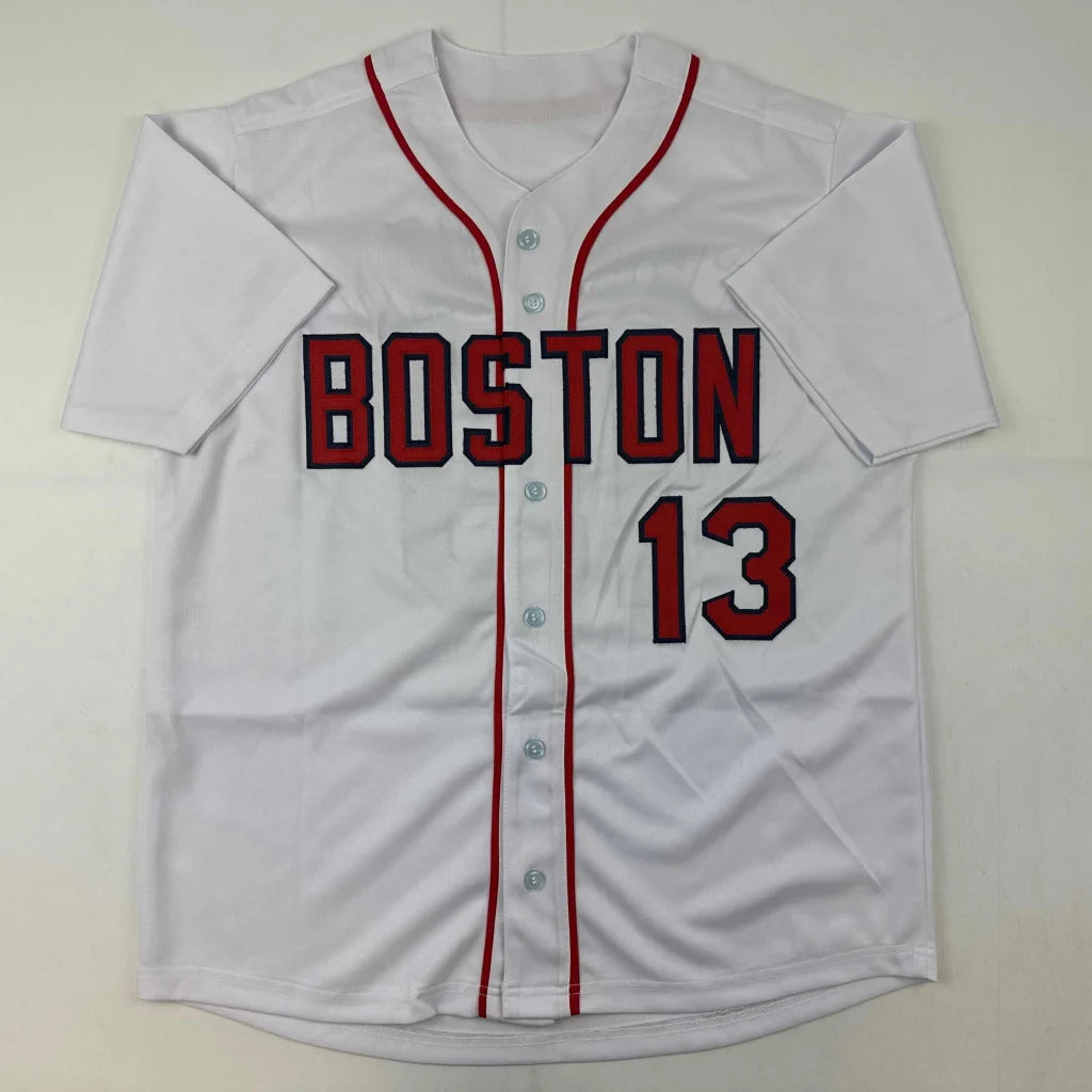 White baseball jersey with red trim and numbers from Authentic Crawford 13 custom jersey for professional sports league