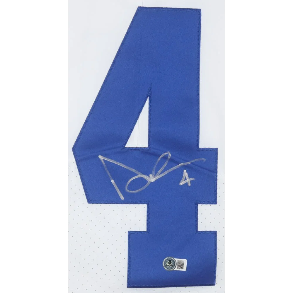 Blue Dak Prescott jersey with number 4 and white autograph from Cowboys