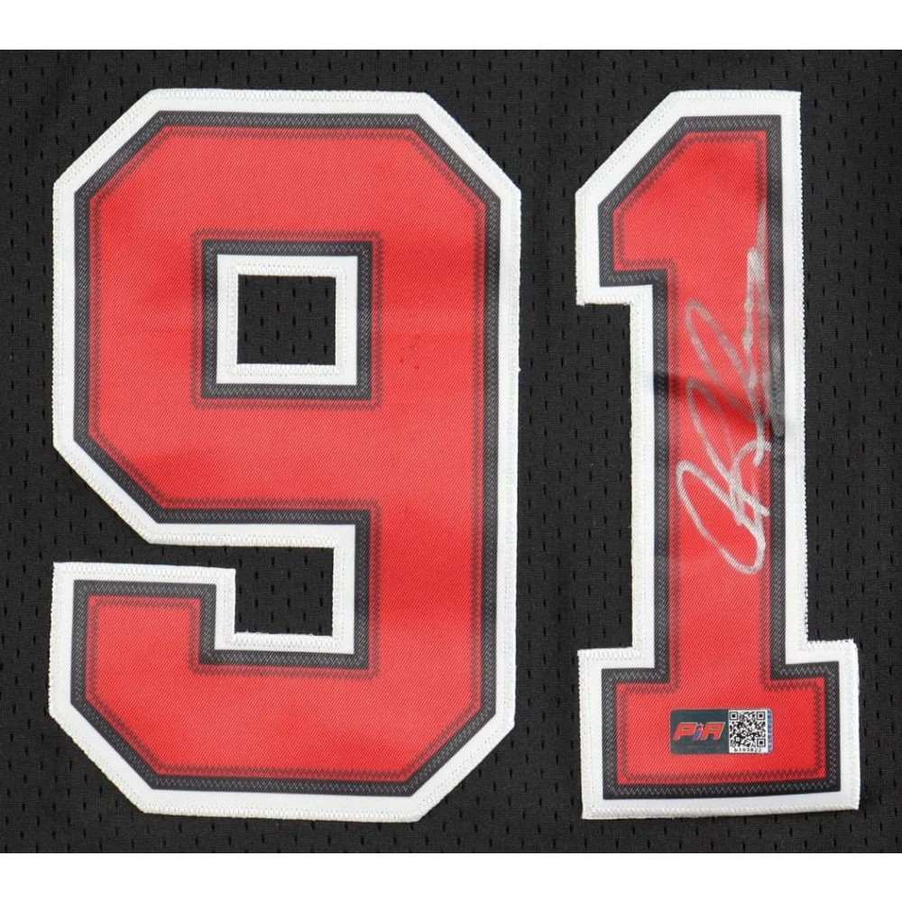 Black Dennis Rodman Ness jersey with red and white 91 autograph for Bulls fans