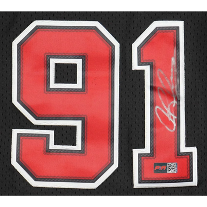 Black Dennis Rodman Ness jersey with red and white 91 autograph for Bulls fans