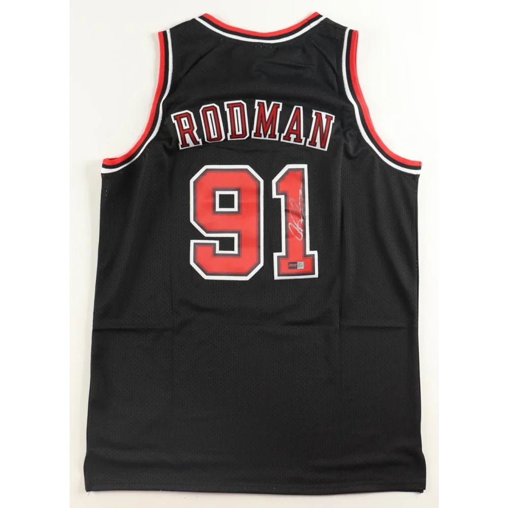 Black and red Dennis Rodman Ness jersey with 91 on back, signed Bulls jersey