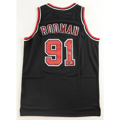 Black and red Dennis Rodman Ness jersey with 91 on back, signed Bulls jersey