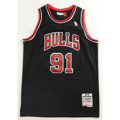 Black Chicago Bulls Dennis Rodman Ness jersey displayed in Authentic Mitchell & Ness jersey