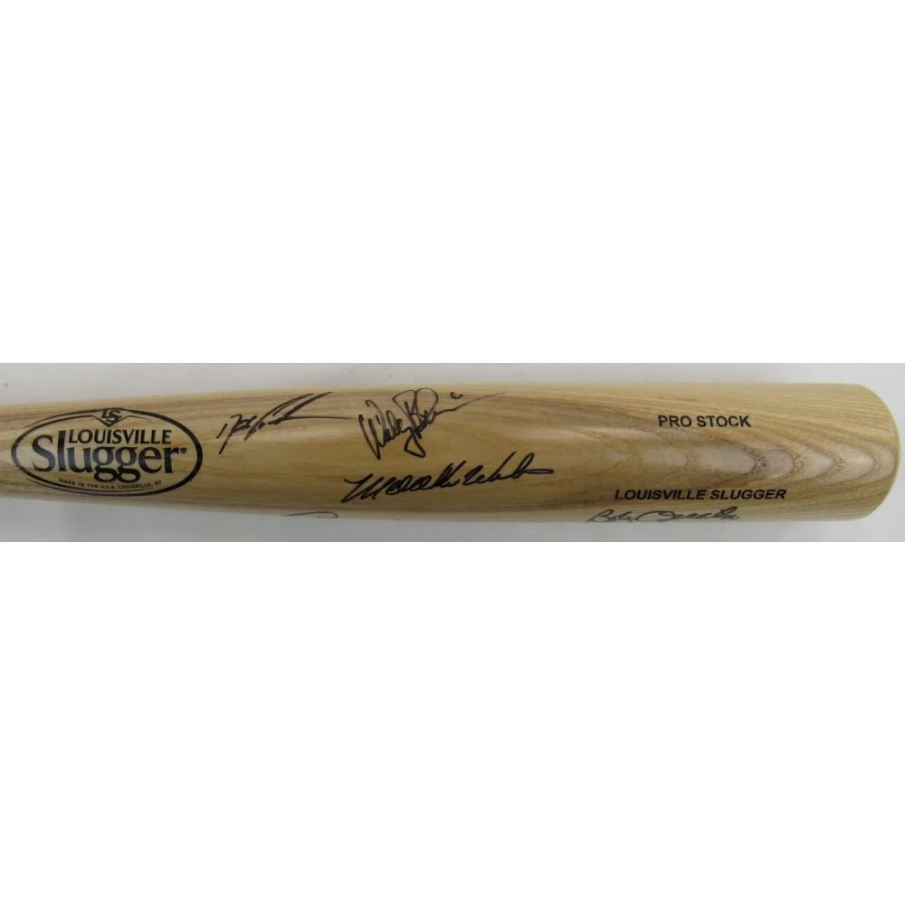 Light-colored Louisville Slugger baseball bat signed by Doc Gooden with multiple signatures