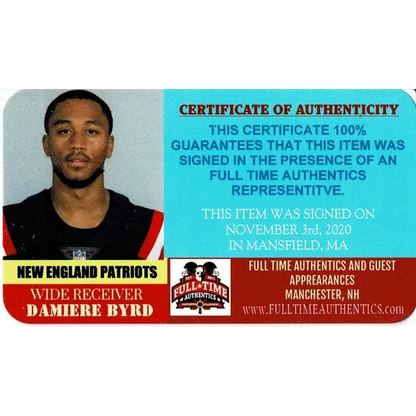 Certificate of authenticity for England Patriots autographed jersey with COA