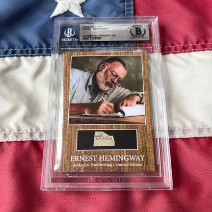 Authentic Ernest Hemingway handwriting trading card encased in a clear Beckett protective slab for graded cards