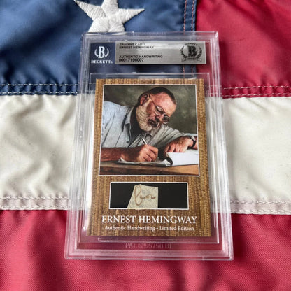 Authentic Ernest Hemingway handwriting trading card encased in clear Beckett slab with graded cards serial number 00017/196007
