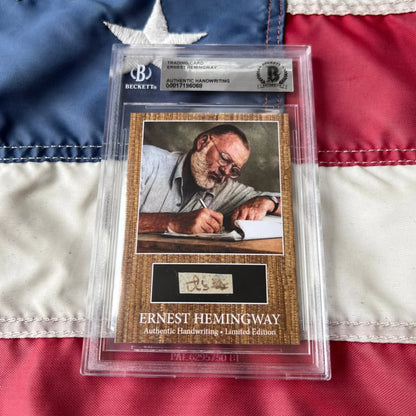 Authentic ernest hemingway handwriting trading card encased in clear beckett graded cards protective slab