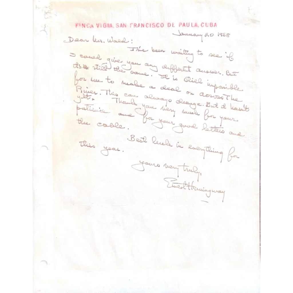 Handwritten letter from Ernest Hemingway on graded cards featuring Hemingway words