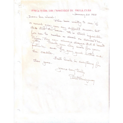 Handwritten letter from Ernest Hemingway on graded cards featuring Hemingway words