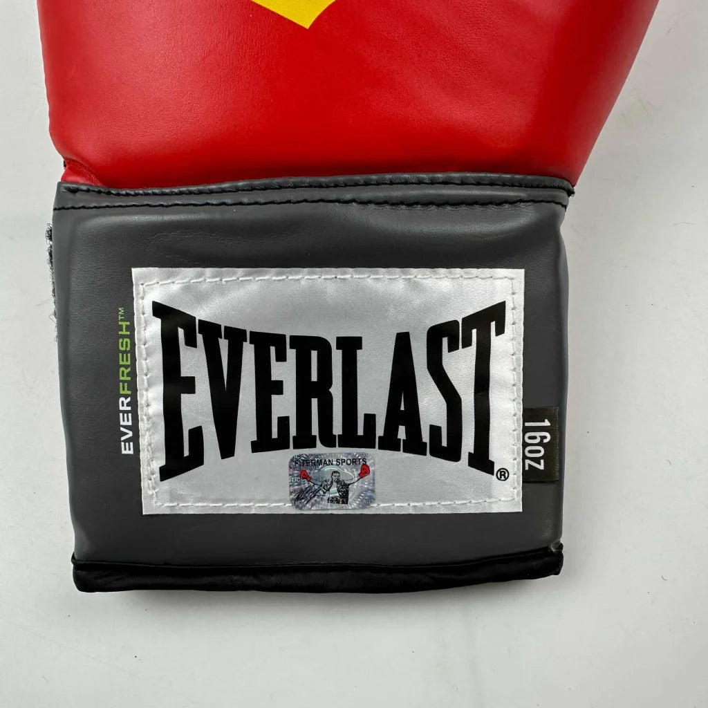 Red and black boxing glove with silver autograph on Authentic Everlast Boxing Glove