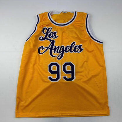 Yellow mesh basketball jersey with Los Angeles 99 in purple and white, perfect for sports league fans