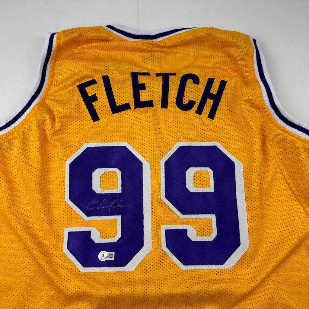 Authentic FLETCH 99 custom basketball jersey with autograph, purple yellow design, pro sports gear
