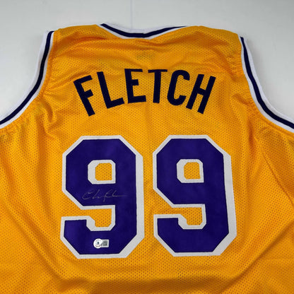 Authentic FLETCH 99 custom basketball jersey with autograph, purple yellow design, pro sports gear