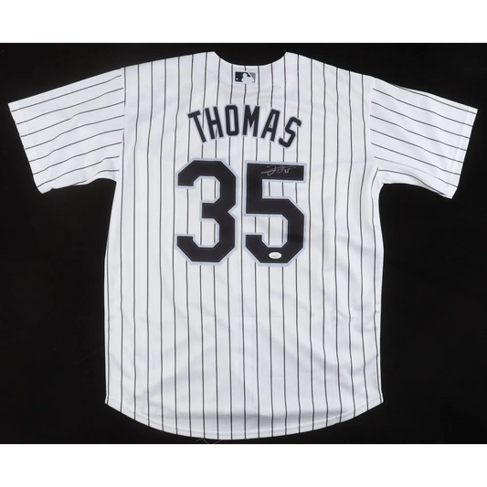 Autographed White Pinstripe Baseball Jersey with Black Numbers signed by Frank Thomas