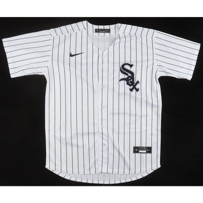 White pinstriped baseball jersey with black Sox logo signed by Frank Thomas