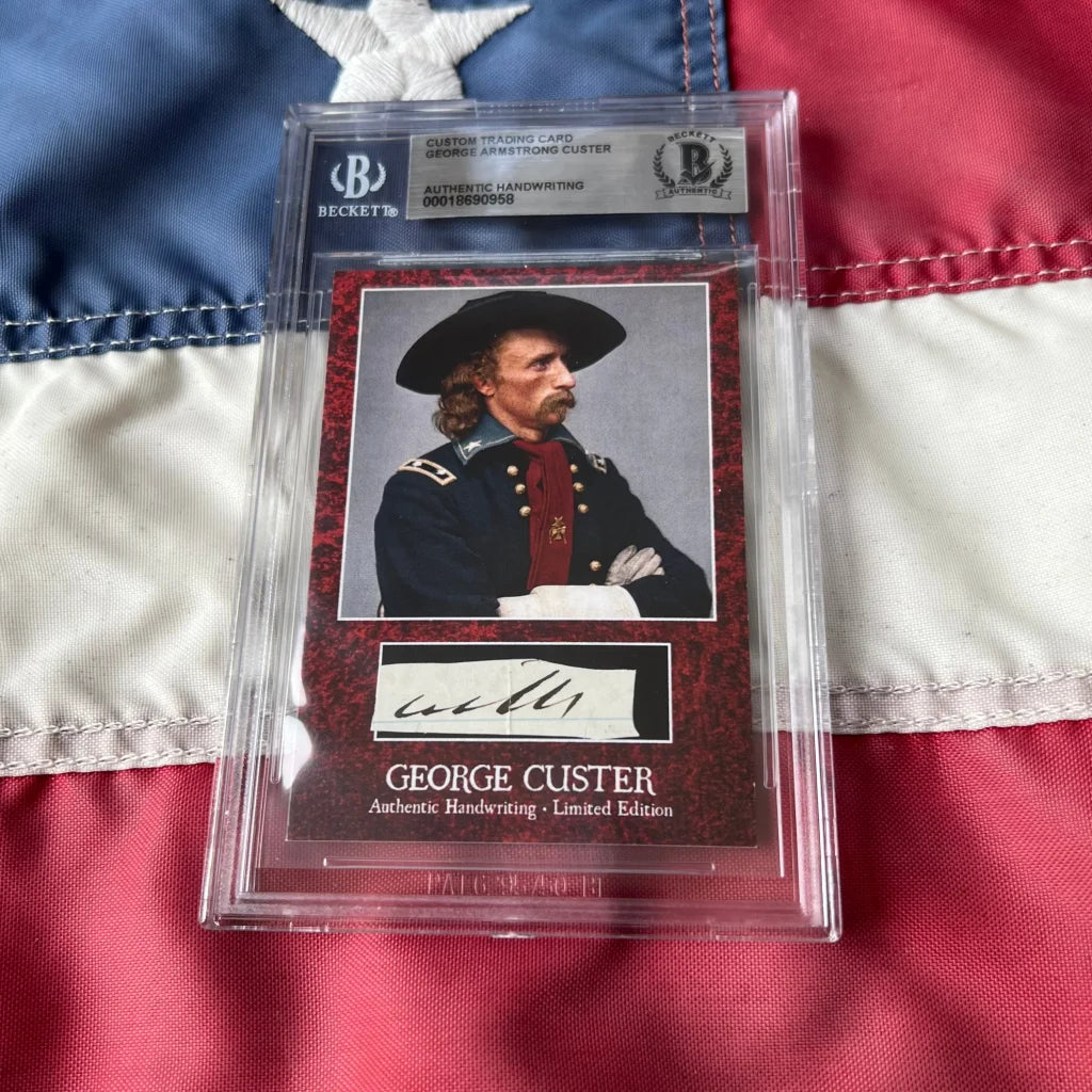 Authentic george custer words graded card featuring portrait in dark uniform with gold buttons and handwritten signature in beckett holder