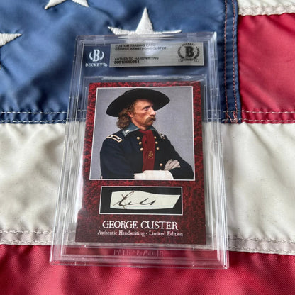 A framed authentic george custer words graded card featuring lieutenant colonel custer in a dark military uniform