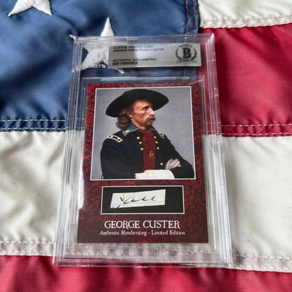 A framed authentic george custer words graded card showing lieutenant colonel custer in dark uniform with gold buttons