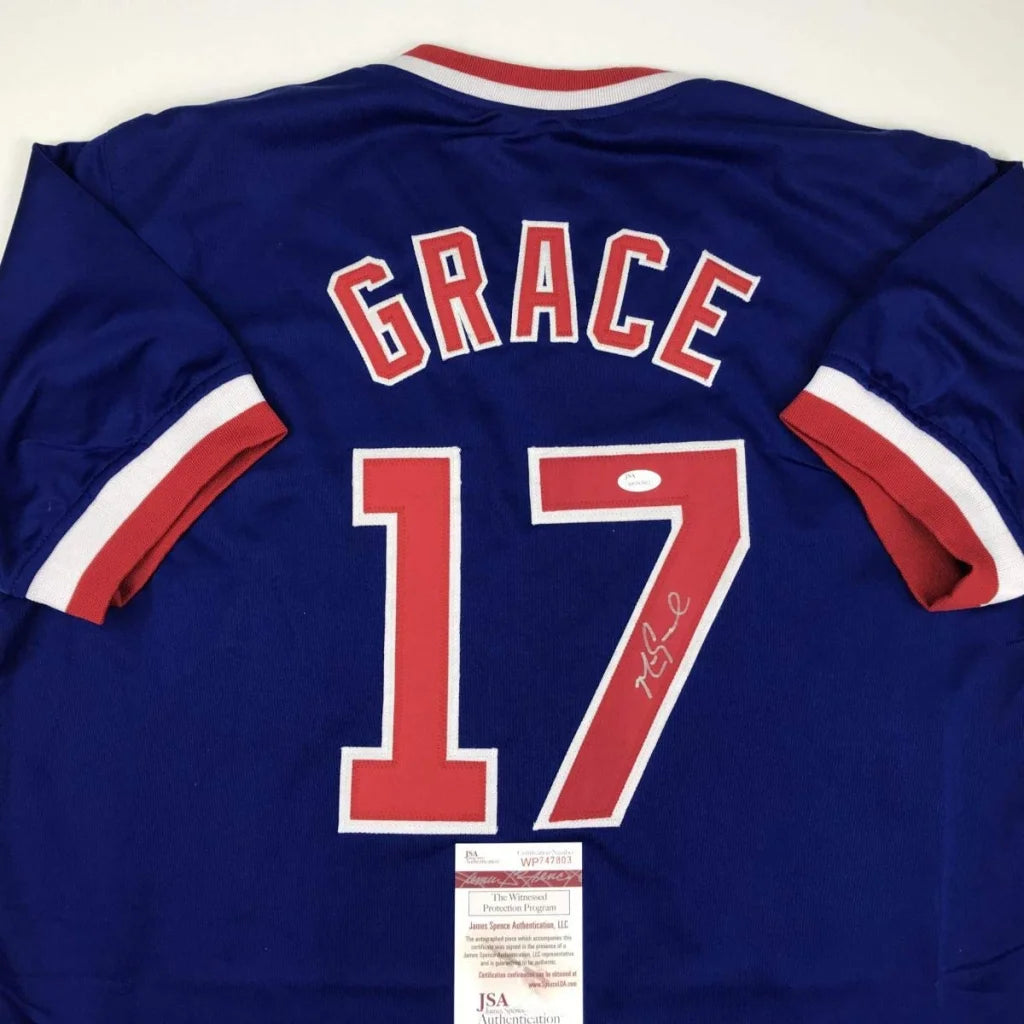 Blue custom jersey with GRACE 17 autograph, JSA tag, perfect for baseball fans