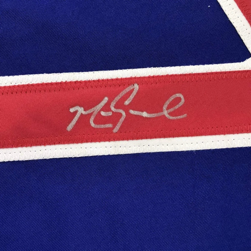 Blue and red fabric with white stripe and silver autograph on Authentic GRACE 17 custom jersey