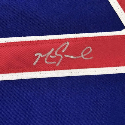 Blue and red fabric with white stripe and silver autograph on Authentic GRACE 17 custom jersey