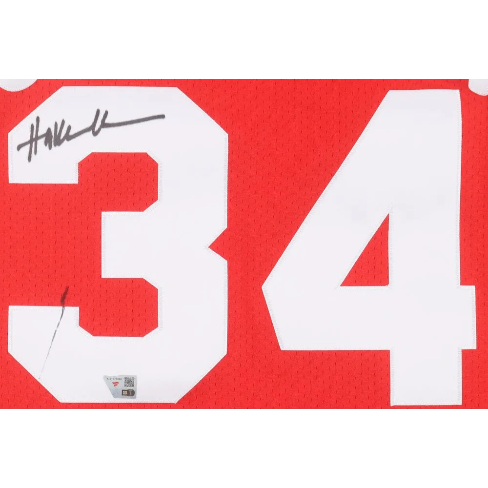 Red Hakeem Olajuwon Rockets jersey with white numbers and Fanatics hologram autograph