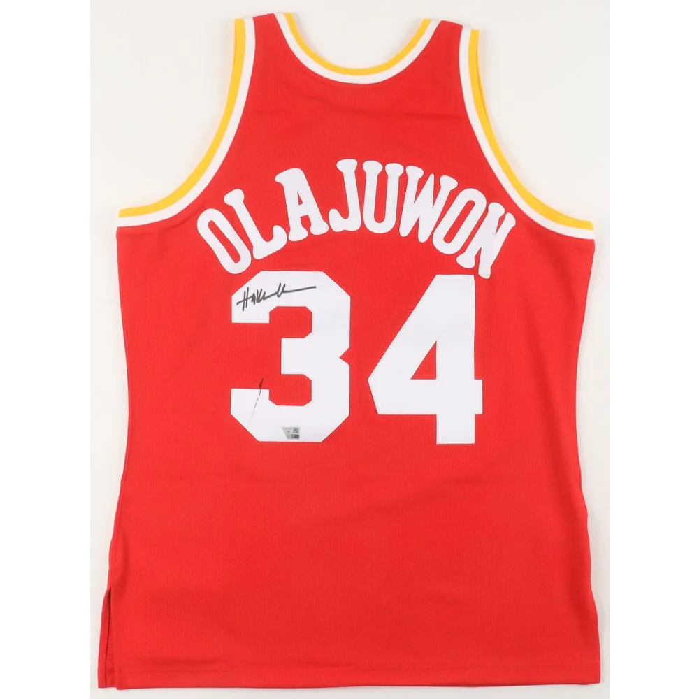 Hakeem Olajuwon signed red Rockets jersey with Fanatics hologram front view