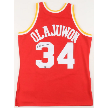 Hakeem Olajuwon signed red Rockets jersey with Fanatics hologram front view