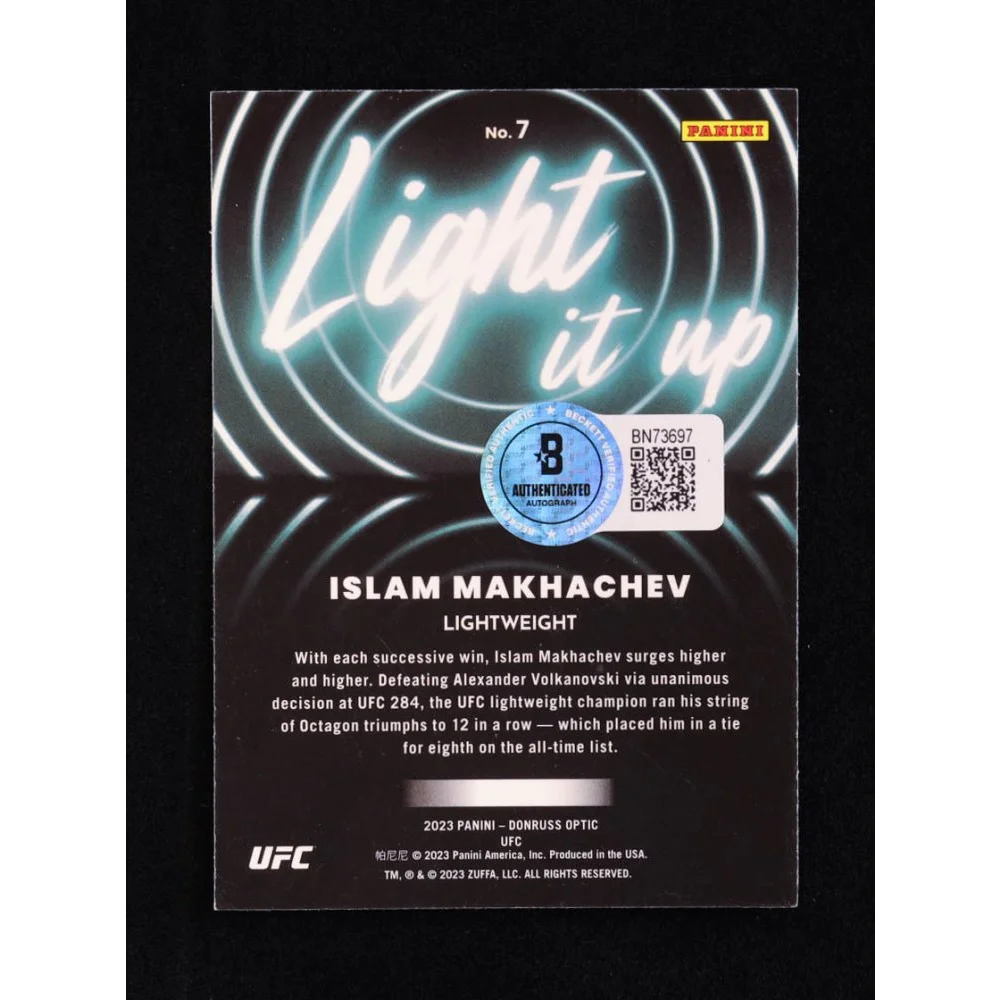 UFC trading card featuring Islam Makhachev with Beckett COA in the product listing