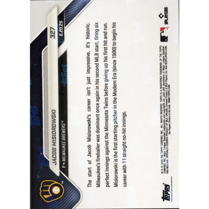 Back of Authentic Jacob Misiorowski Baseball Trading Card with Certification showing details