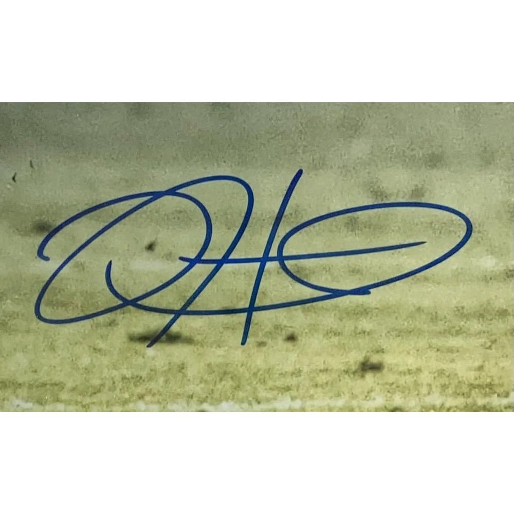 Blue handwritten Jalen Hurts signature on textured background for Eagles photo product