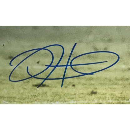 Blue handwritten Jalen Hurts signature on textured background for Eagles photo product