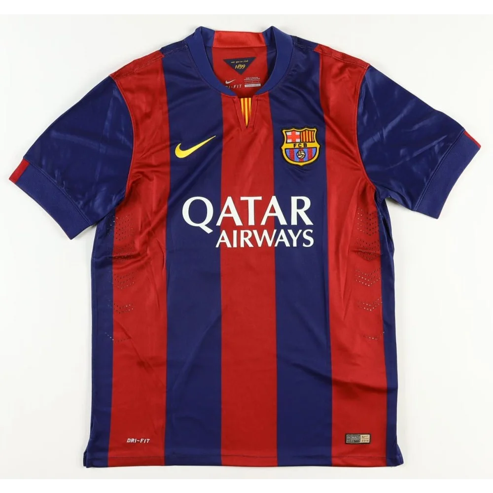 Striped red and blue Javier Mascherano signed FC Barcelona jersey for football fans