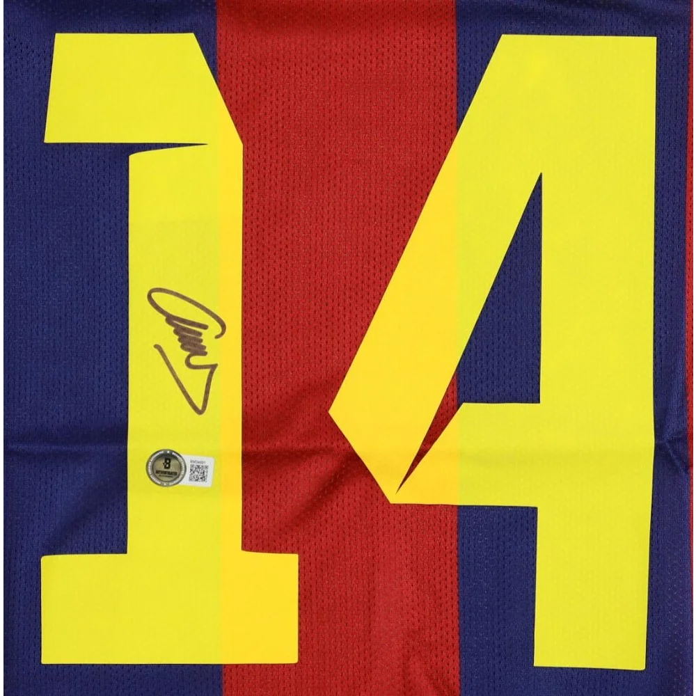 Autographed Javier Mascherano yellow FC Barcelona jersey with red and blue stripes
