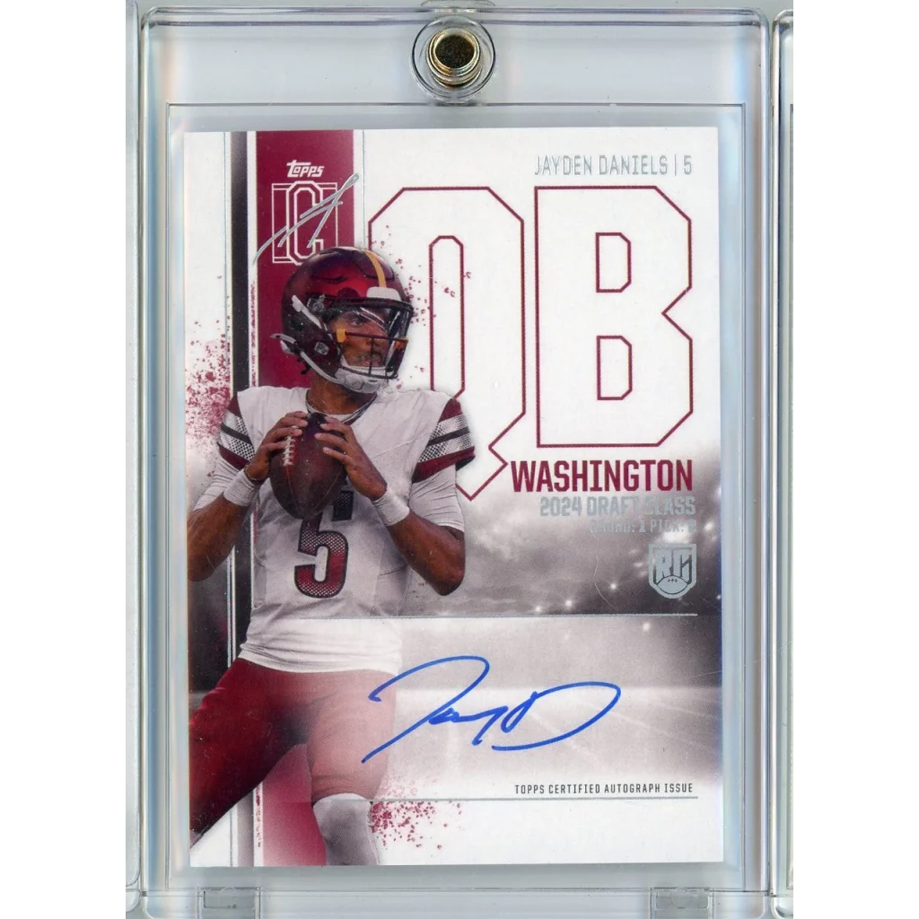 Football trading card of Jayden Daniels from the Authentic Rookie Auto Variation with COA