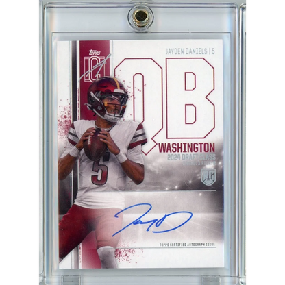 Football trading card of Jayden Daniels from the Authentic Rookie Auto Variation with COA