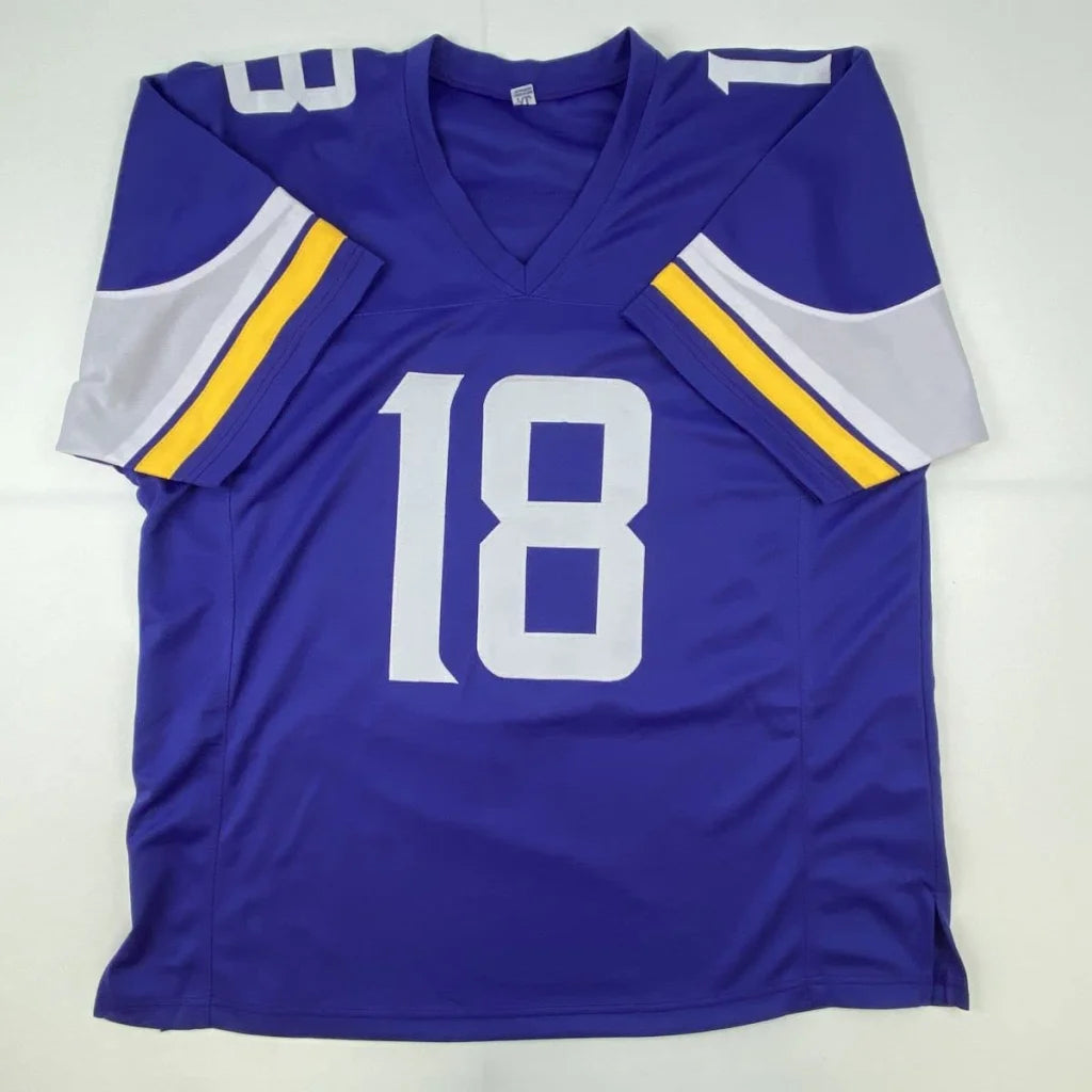 Purple custom jersey with white numbers and yellow gray sleeve stripes for professional sports league