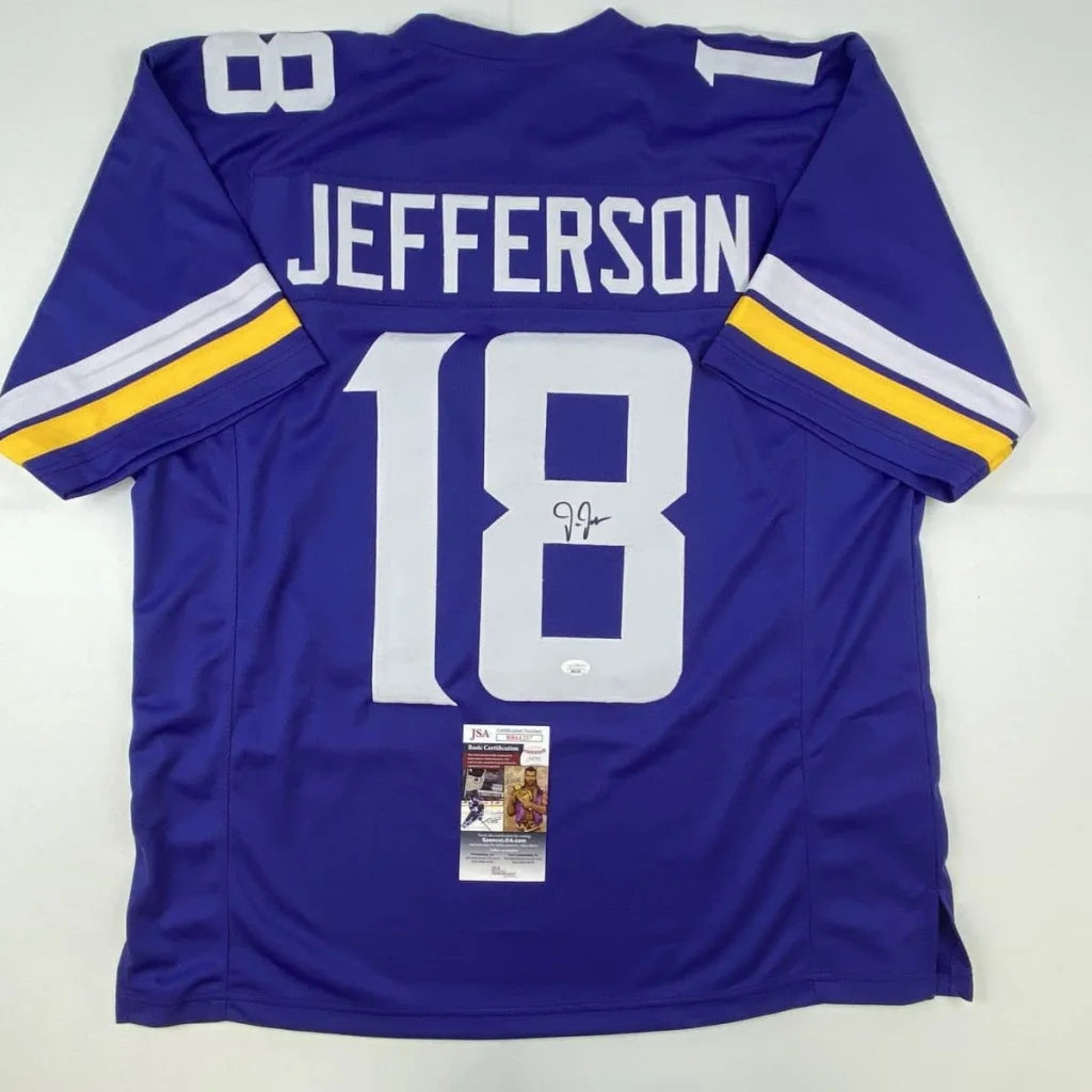 Purple custom jersey with white and yellow stripes, signed, for professional sports league fans